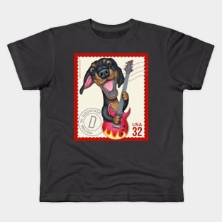 Cute Doxie playing guitar on vintage postage stamp Kids T-Shirt